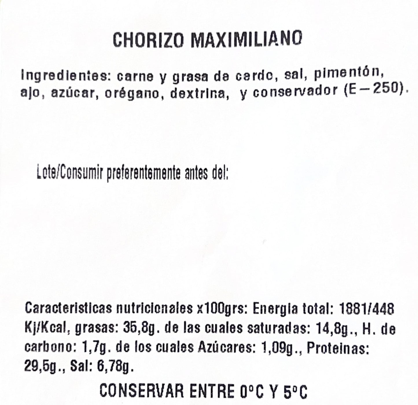 Caisse de 100 gr de Chorizo Maximiliano tranchée à la machine Caisse de 100 gr de Chorizo Maximiliano tranchée à la machine